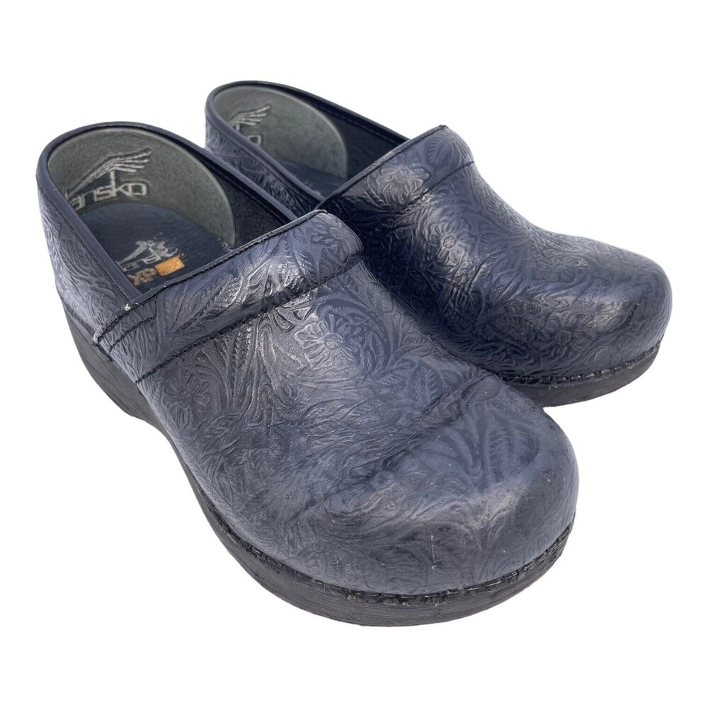 Dansko Women's Size 8.5-9 US Black Floral Tooled Leather Clogs EU Size 39